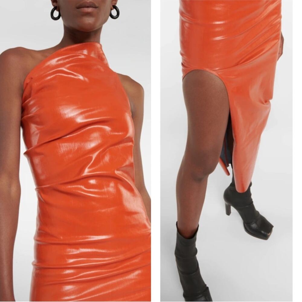 RICK OWENS Athena One Shoulder Coated Denim Bodycon Orange Midi Dress Size 6 - Picture 4 of 16